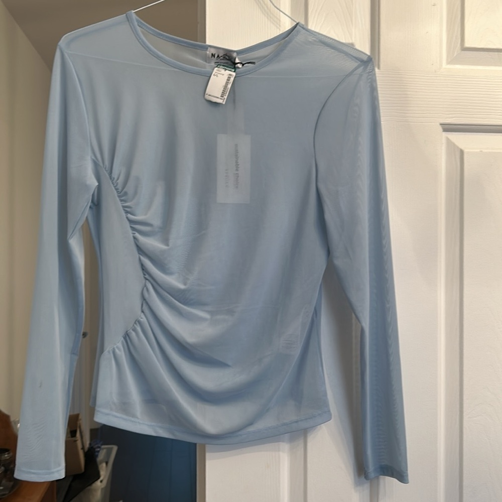 Overlay ruched, sheer, brand new Naked label top, blue